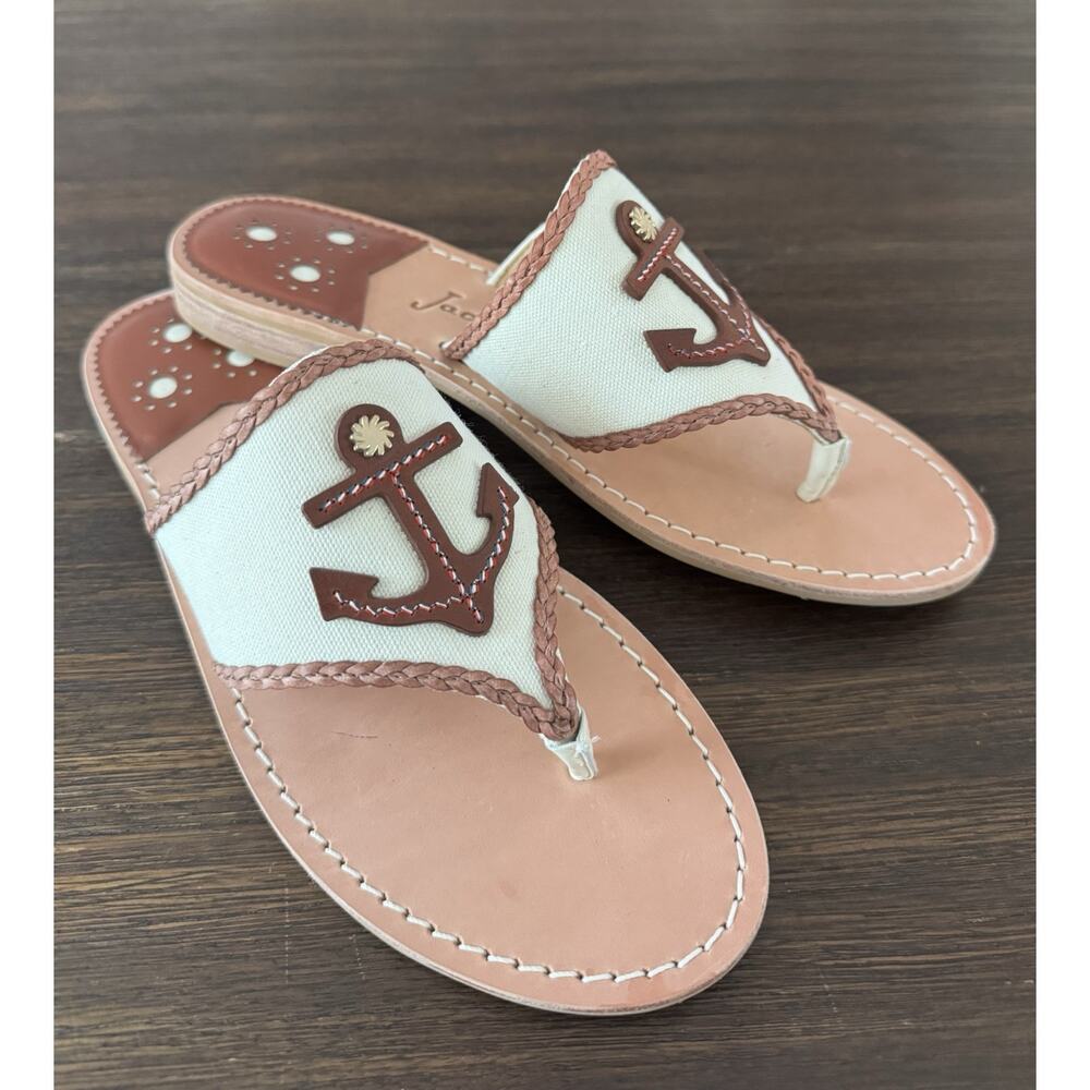 Jack Rogers Anchor Thong Sandals Women’s Size 8 Leather Canvas Flats Resort - Picture 2 of 8